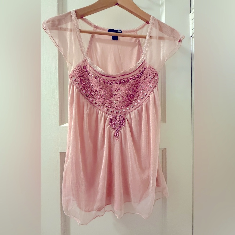 H&M Blush Pink Embroidered Blouse Y2K